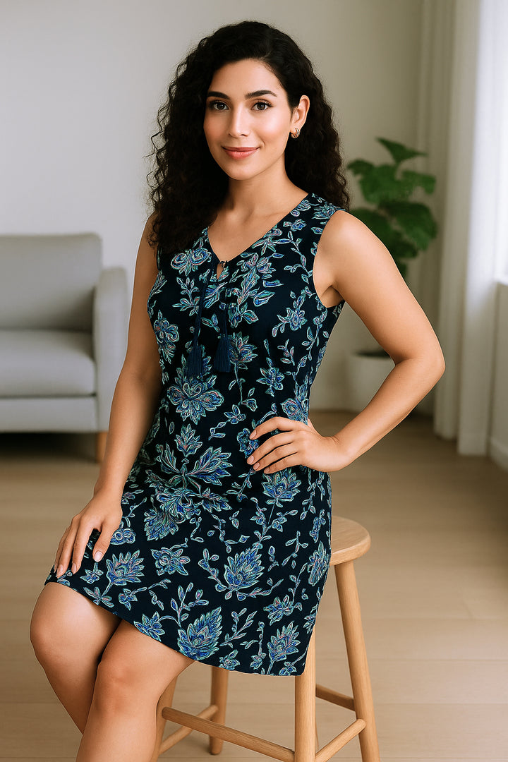Navy Blue Floral Print Sleeveless Mini Dress