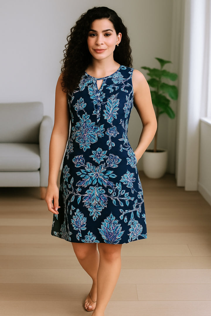 Navy Blue Floral Print Sleeveless Mini Dress