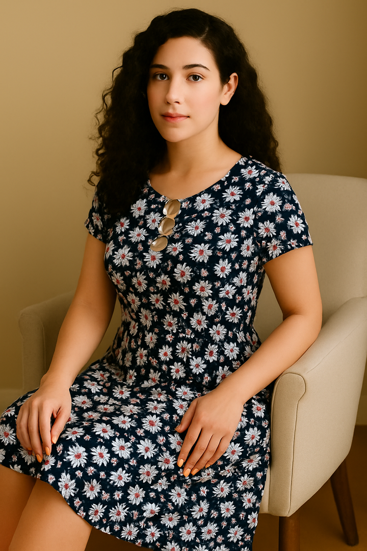 Daisy Ring Detail A-Line Dress – Navy