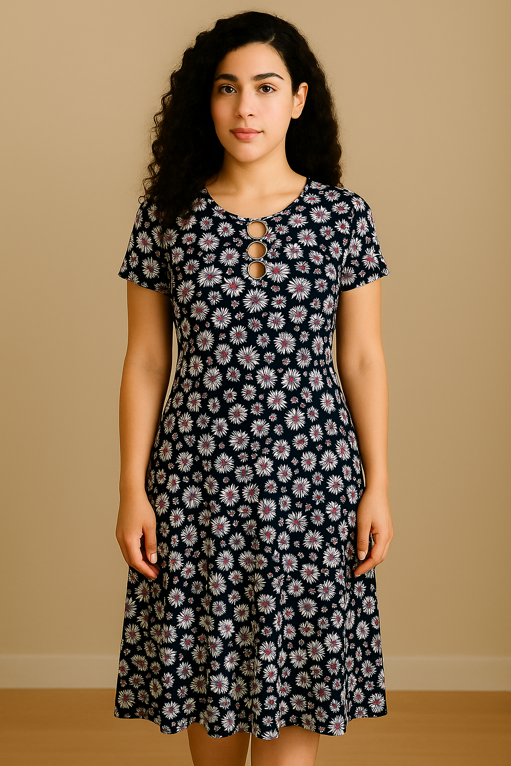 Daisy Ring Detail A-Line Dress – Navy