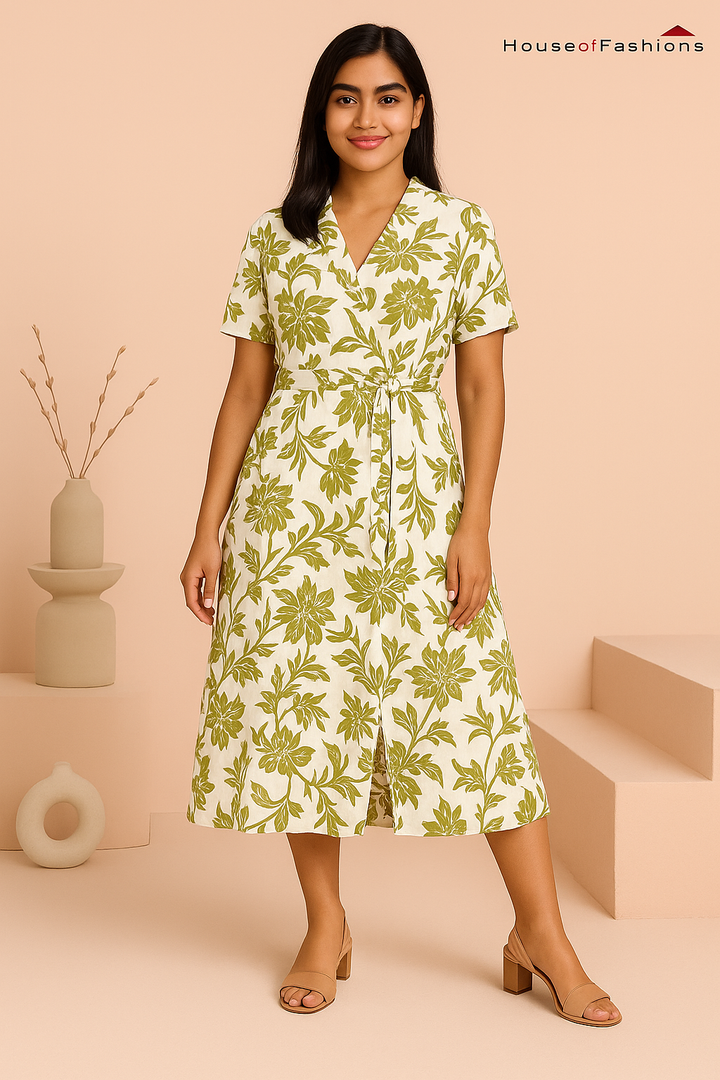 White & Olive Green Floral Print Midi Wrap Dress