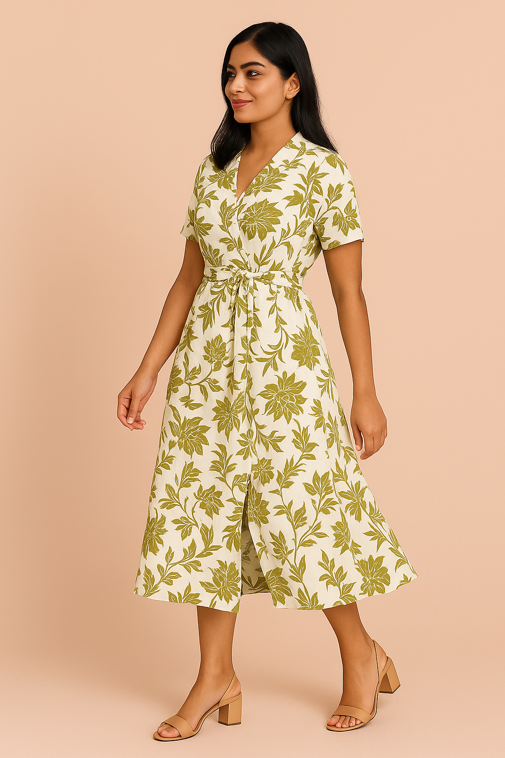 White & Olive Green Floral Print Midi Wrap Dress