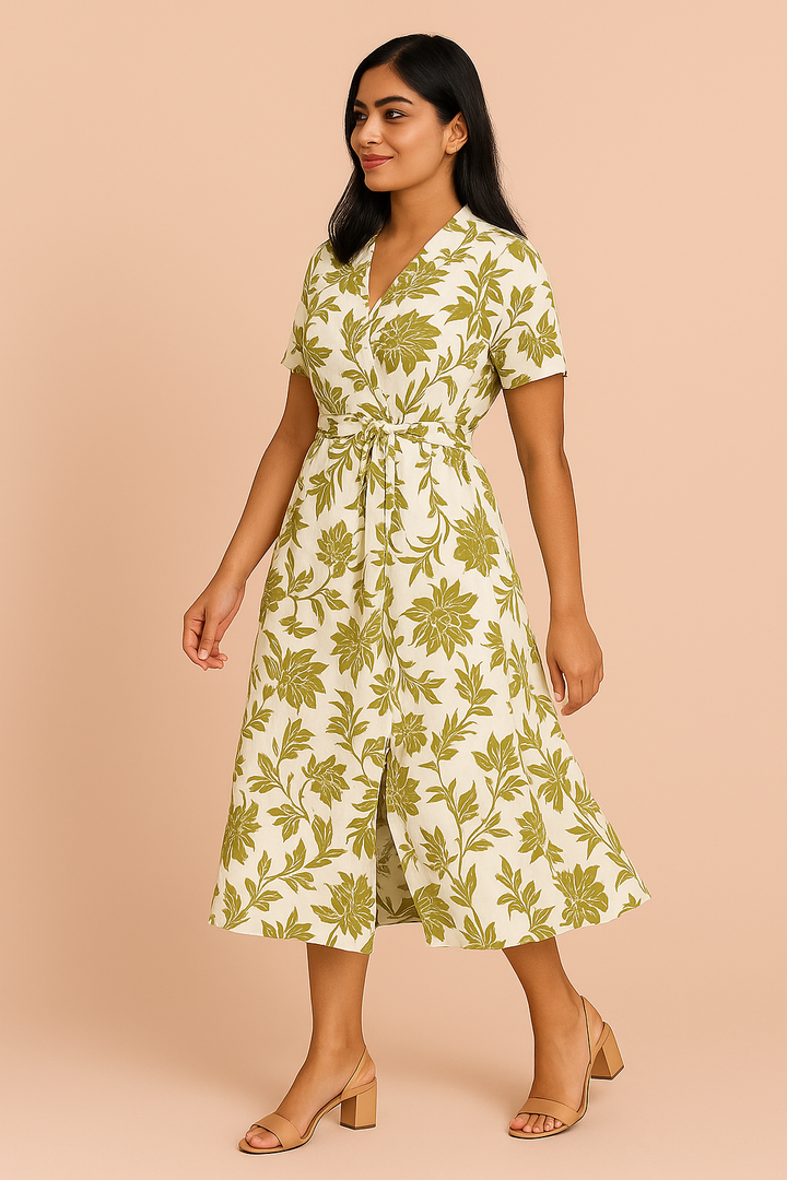 White & Olive Green Floral Print Midi Wrap Dress