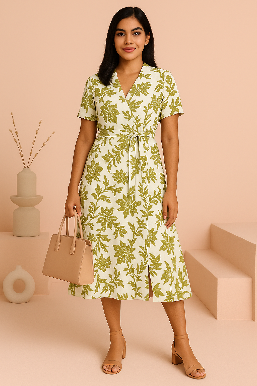 White & Olive Green Floral Print Midi Wrap Dress