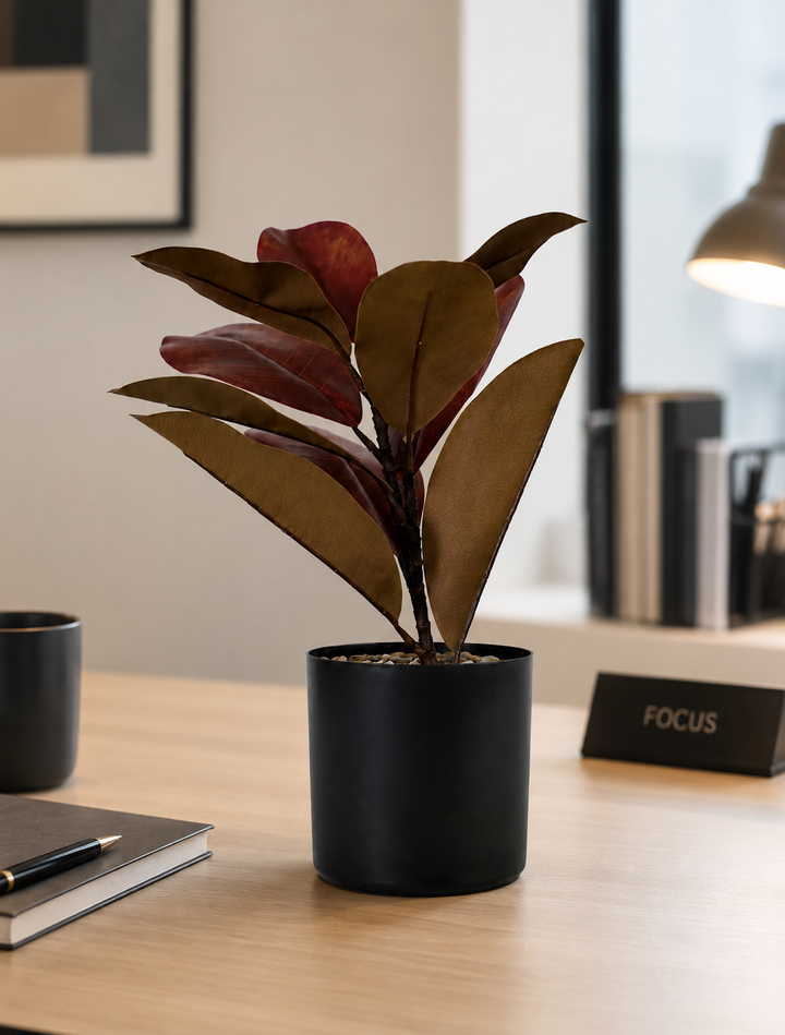 Artificial Burgundy Rubber Plant with Black Pot