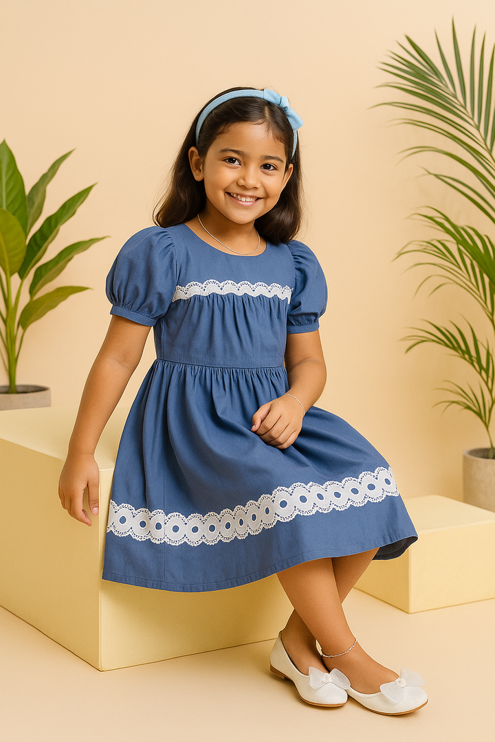 Blue Puff Sleeve Cotton Dress with White Lace Trim
