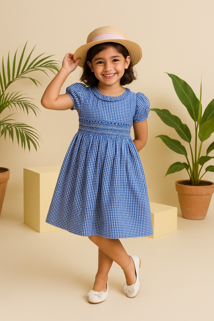 Blue Gingham Smocked Party Dress with Cap Sleeves