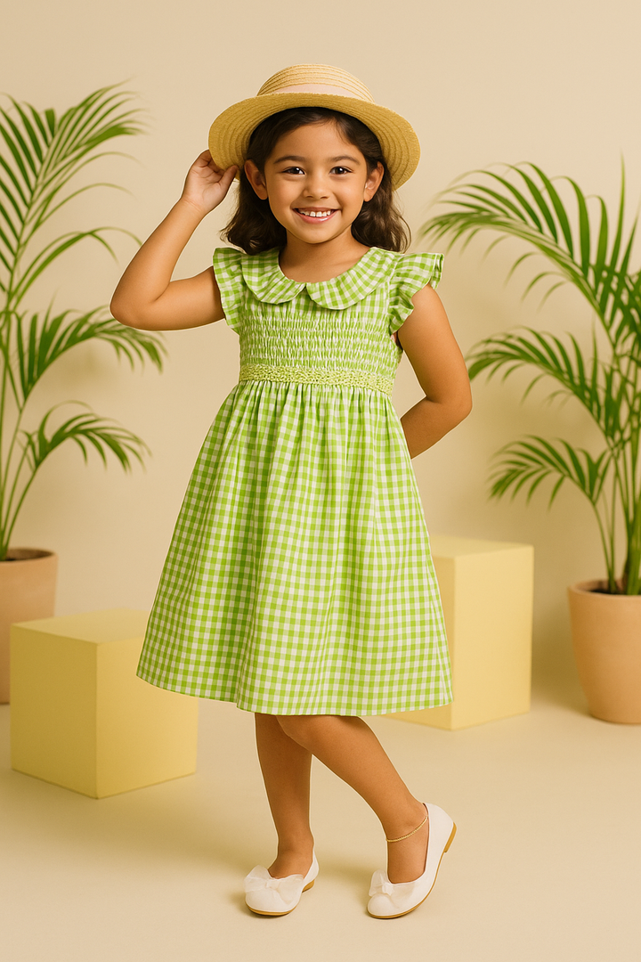 Green Gingham Flutter Sleeve Dress with Smocked Waist