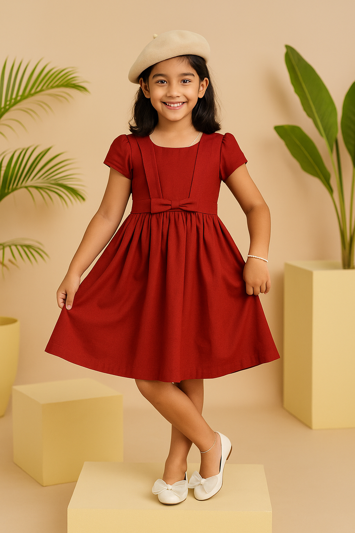 Classic Red Fit-and-Flare Dress with Bow Detail