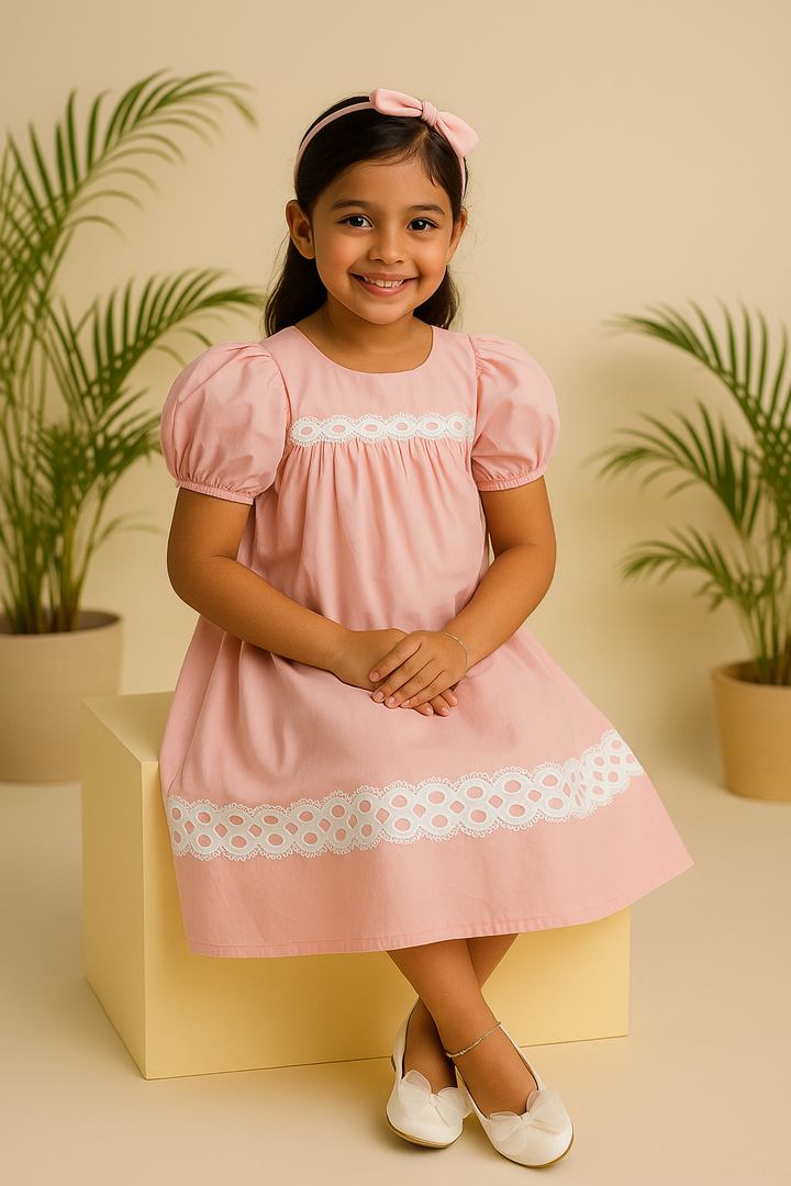 Blush Pink Puff Sleeve Dress with White Eyelet Lace