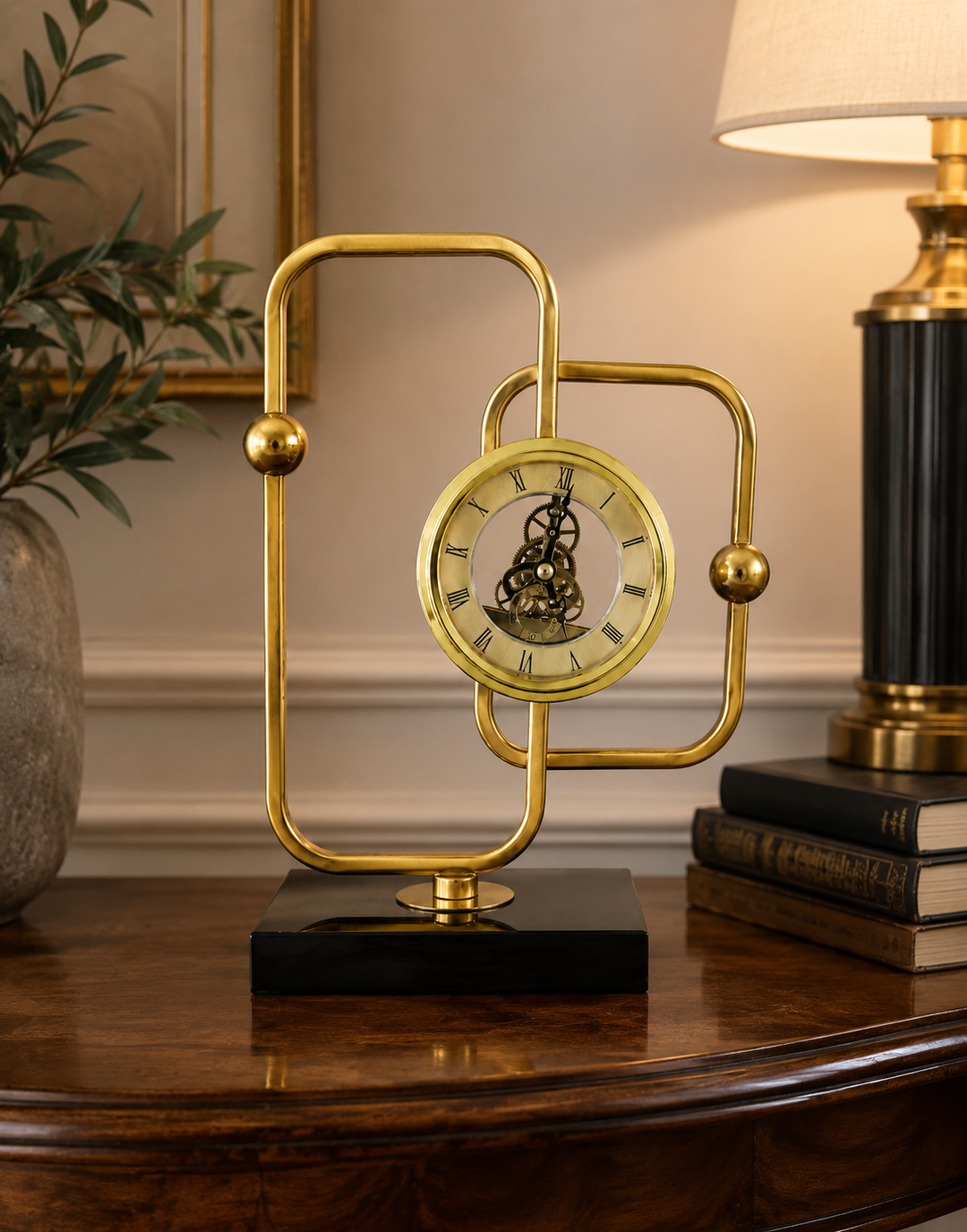 12-Inch Luxury Gold Metal Table Clock with Black Marble Base | Modern Decorative Desk Clock