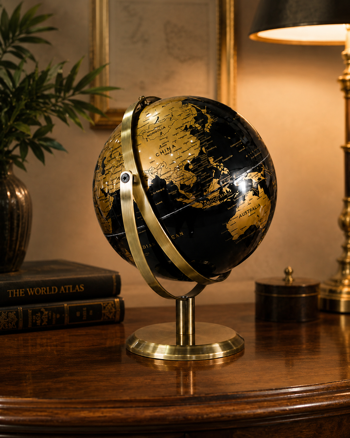 12-Inch Decorative World Globe Ornament | Gold &amp; Black Metal Table Globe