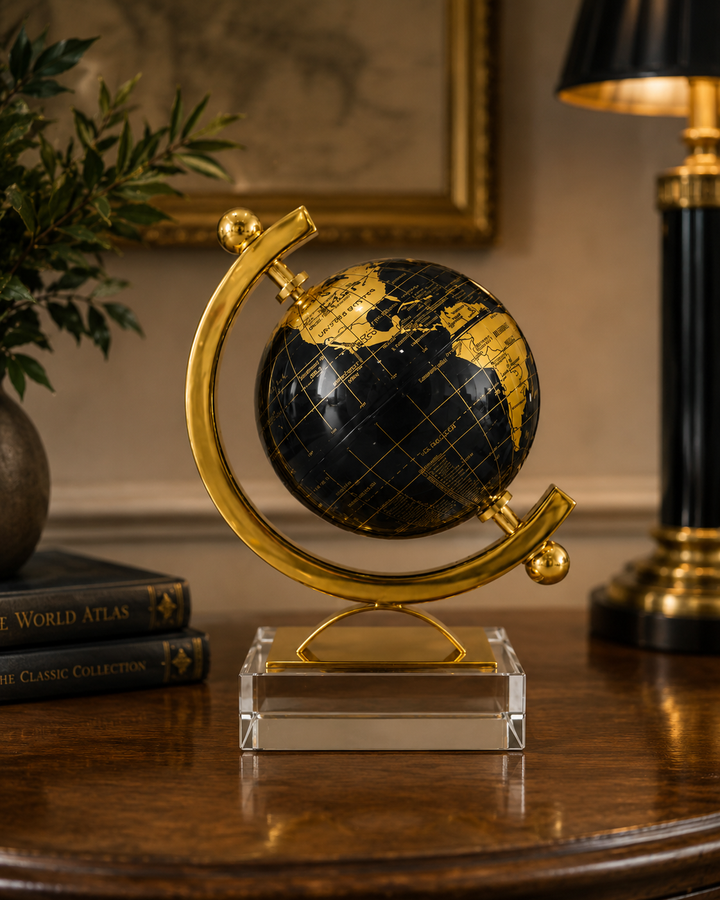 9-Inch Luxury Gold Decorative World Globe Ornament | Modern Metal Table Globe