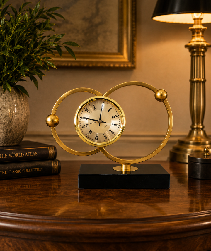 9-Inch Luxury Gold Metal Table Clock with Black Base | Modern Decorative Desk Clock