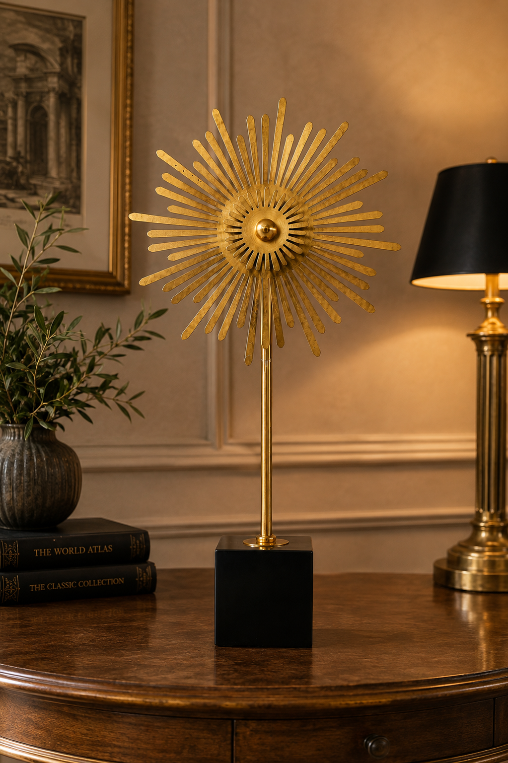 16-Inch Gold Metal Sunburst Decorative Ornament | Luxury Table Sculpture