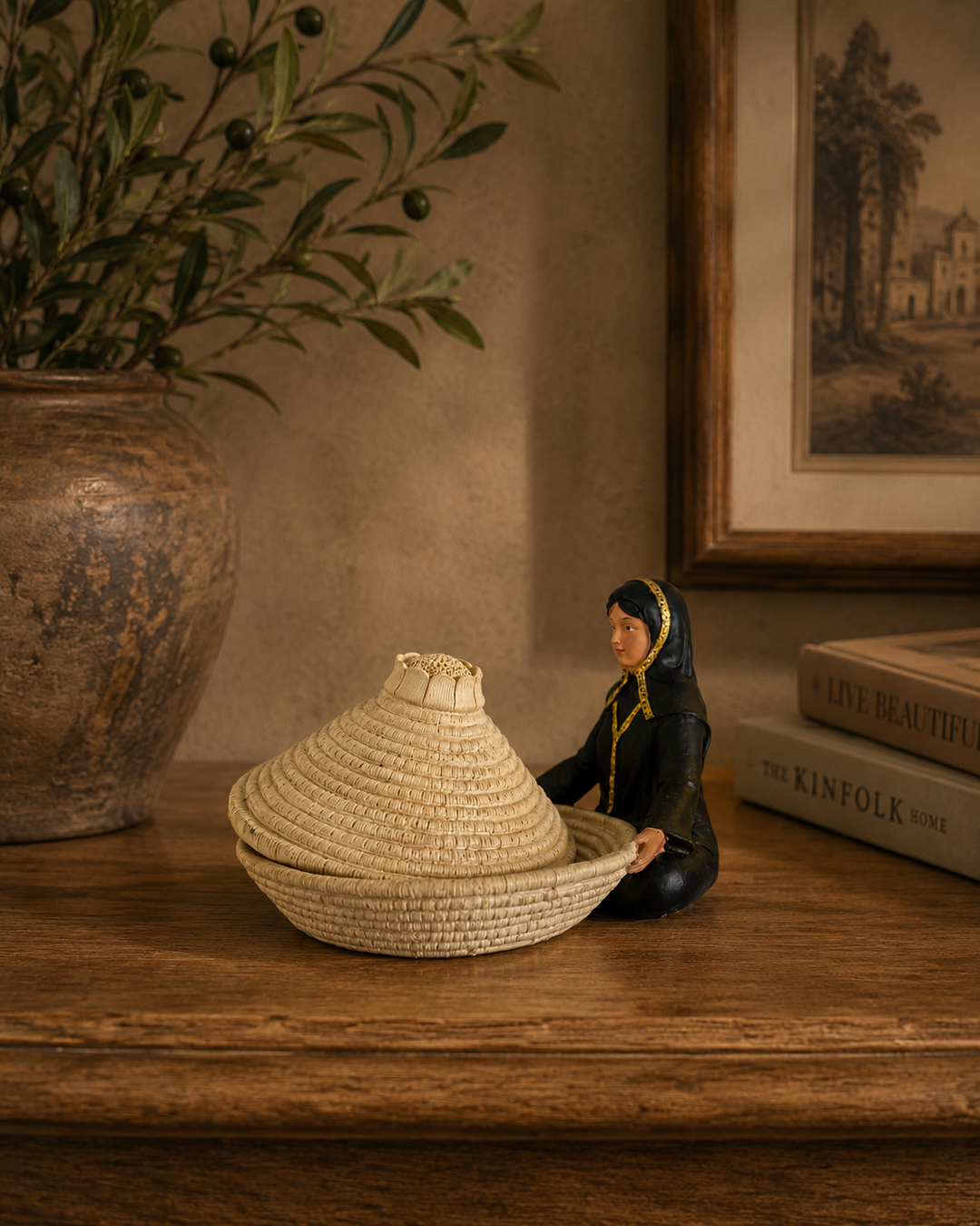 8-Inch Ceramic Decorative Storage Basket with Figurine | Handmade Covered Organizer