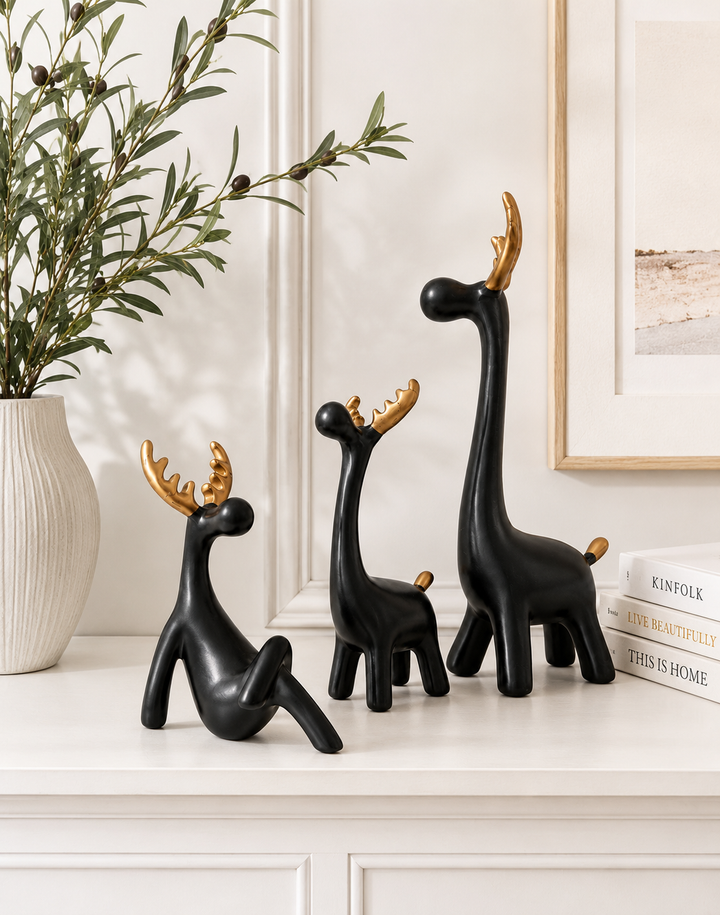 12-Inch Ceramic Deer Figurine Set | Modern Black Decorative Deer Ornaments