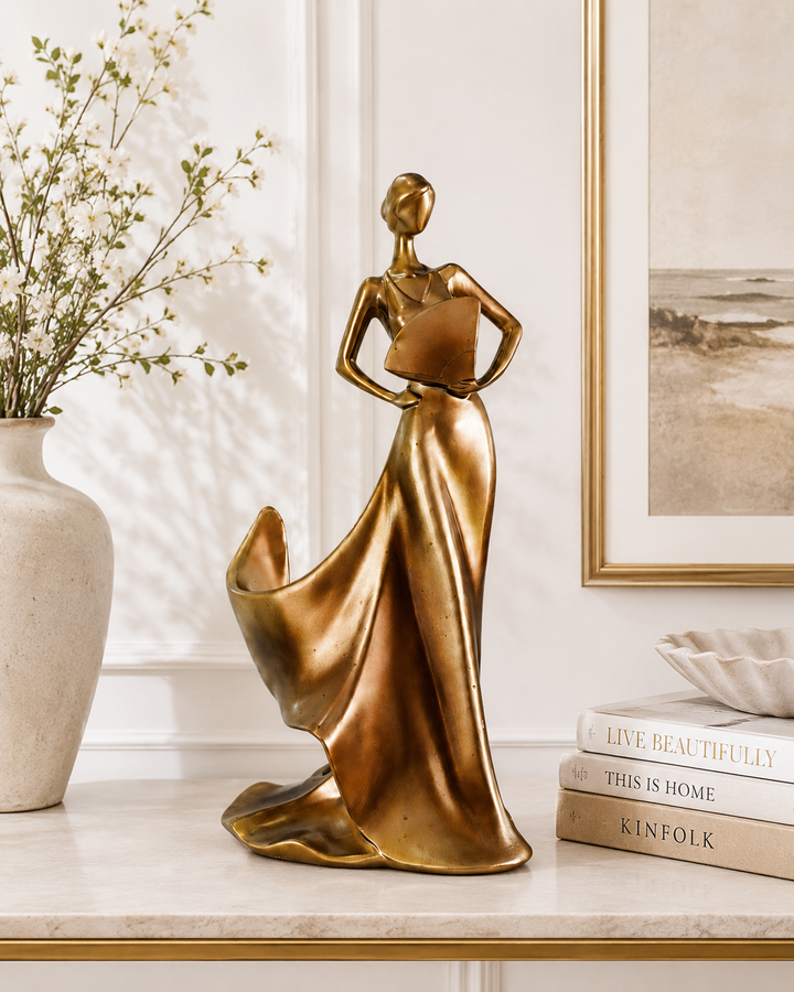 15-Inch Elegant Ceramic Lady Figurine | Gold Decorative Table Ornament