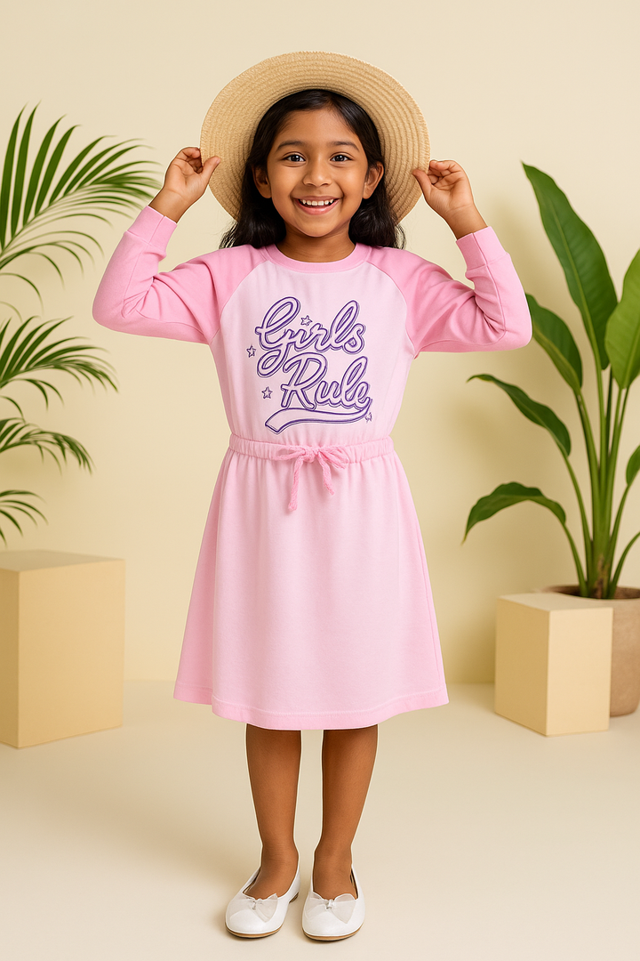 Pink Jersey Knit Dress with “Girls Rule” Print