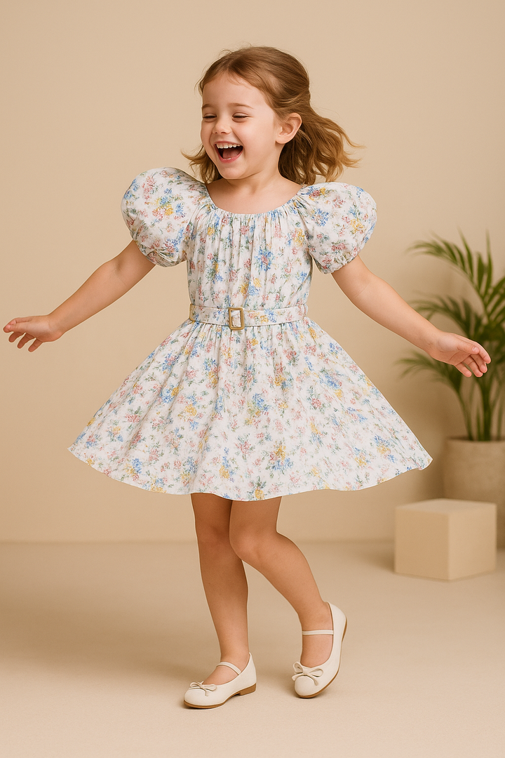 Whisper Garden – Puff Sleeve Belted Dress