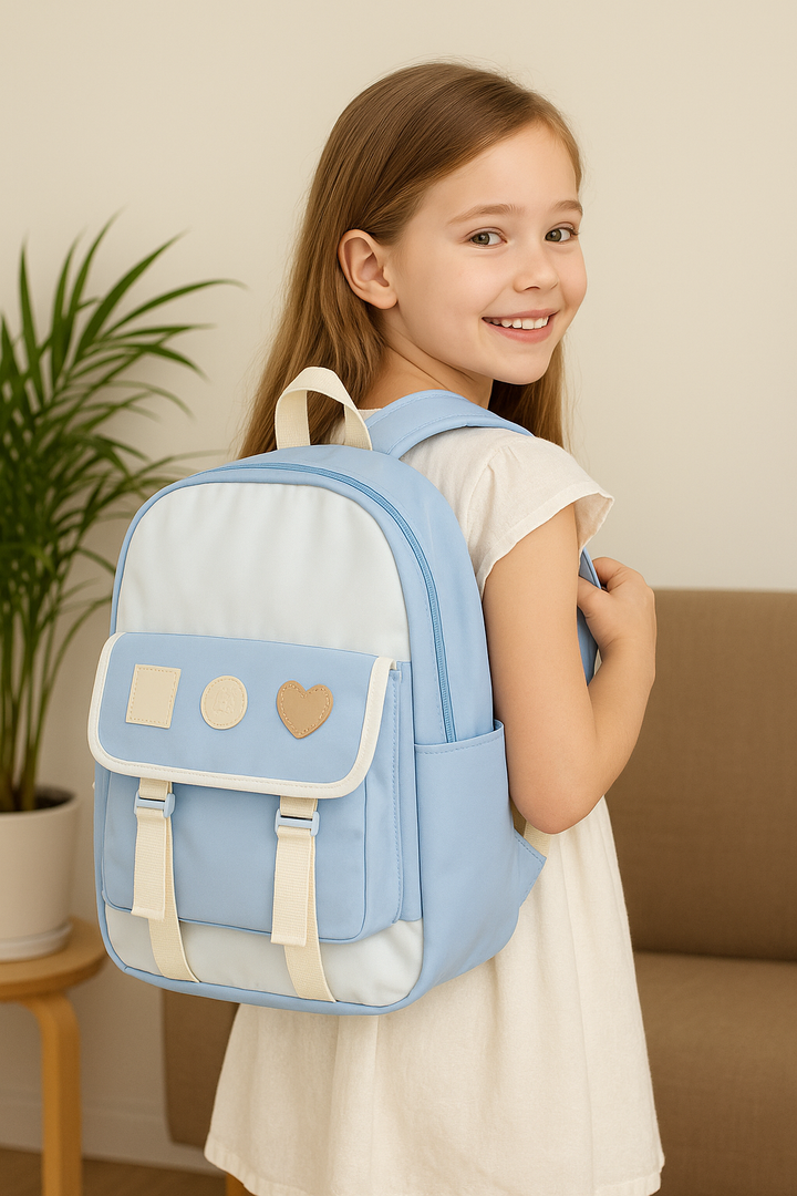 Blue & White Heart Patch Backpack – Junior Girls' School Bag