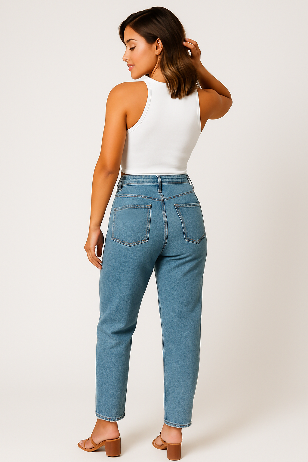 Medium Blue High-Waisted Jeans with Front Slit Hem