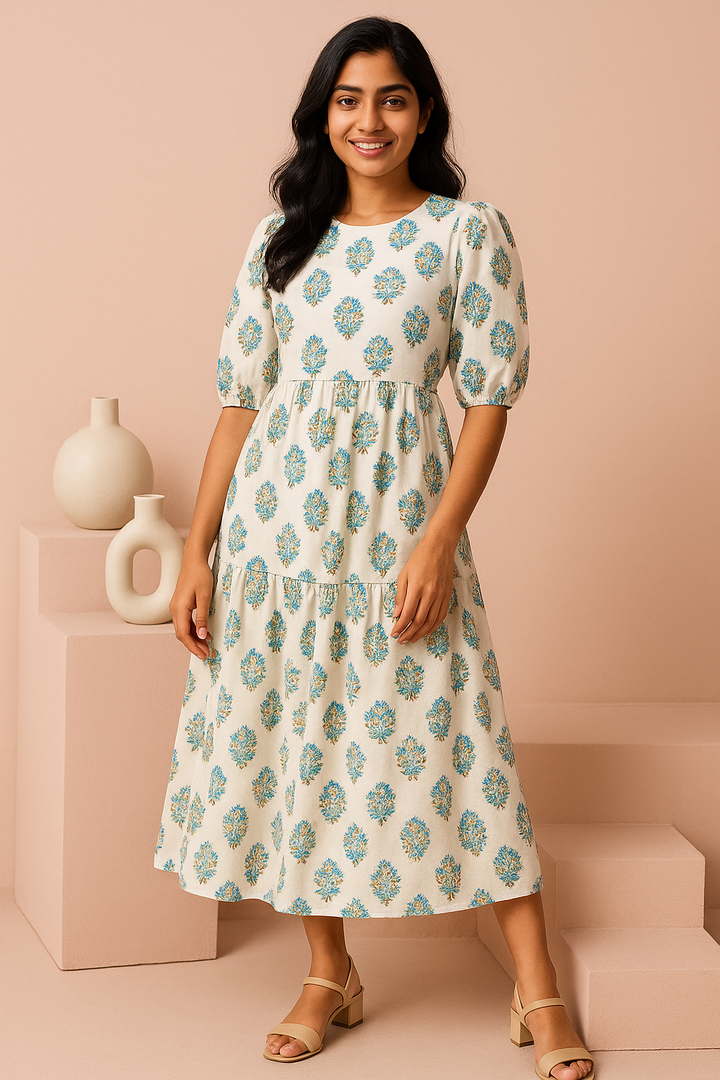 Blue Floral Printed Tiered Maxi Dress