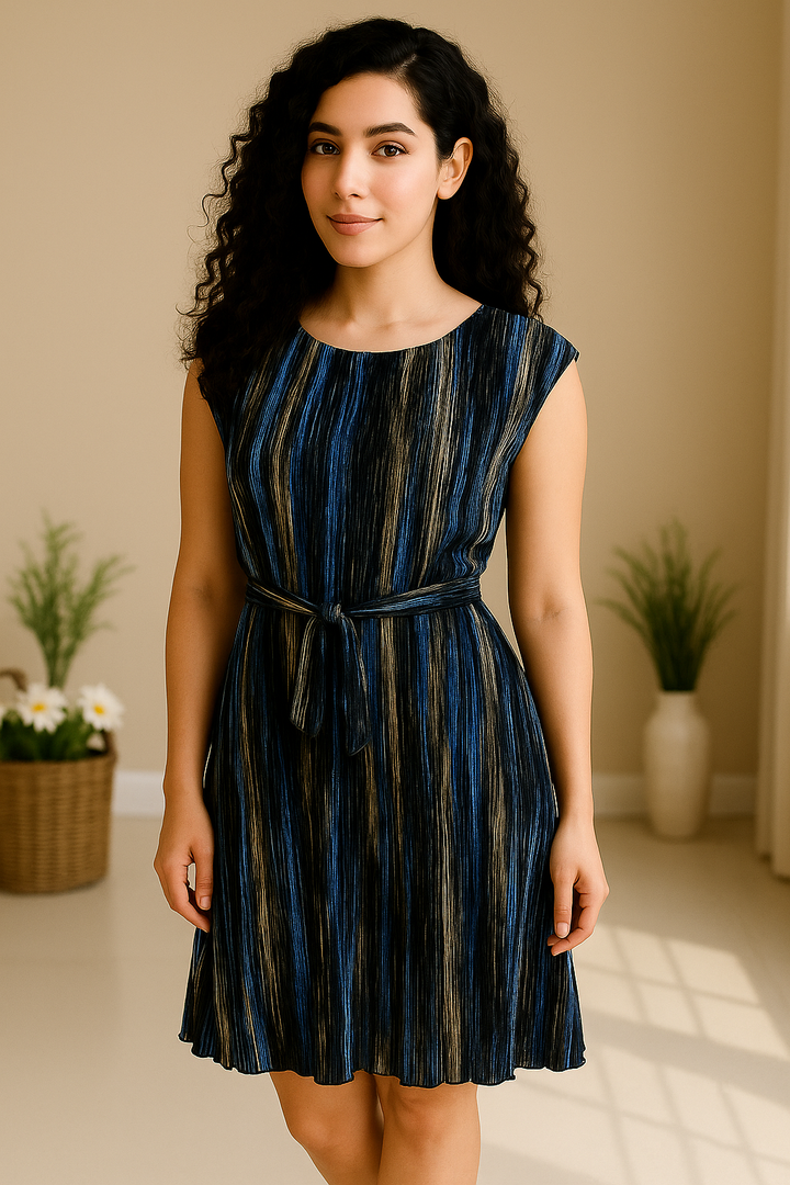 Midnight Streak Pleated Belted Dress