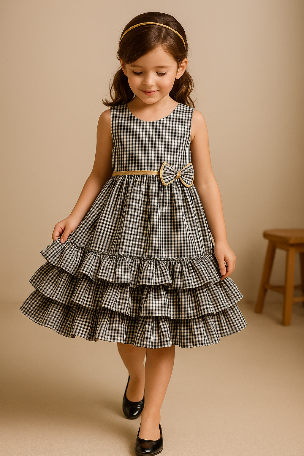 Monochrome Charm – Tiered Gingham Party Dress