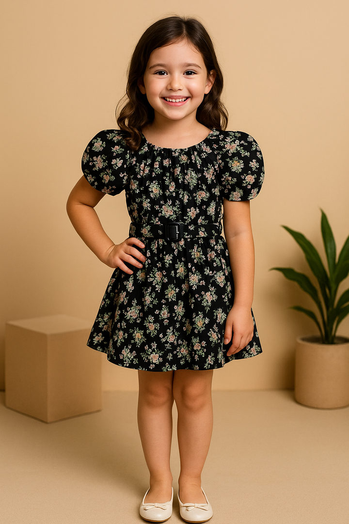 Midnight Petals – Puff Sleeve Belted Dress