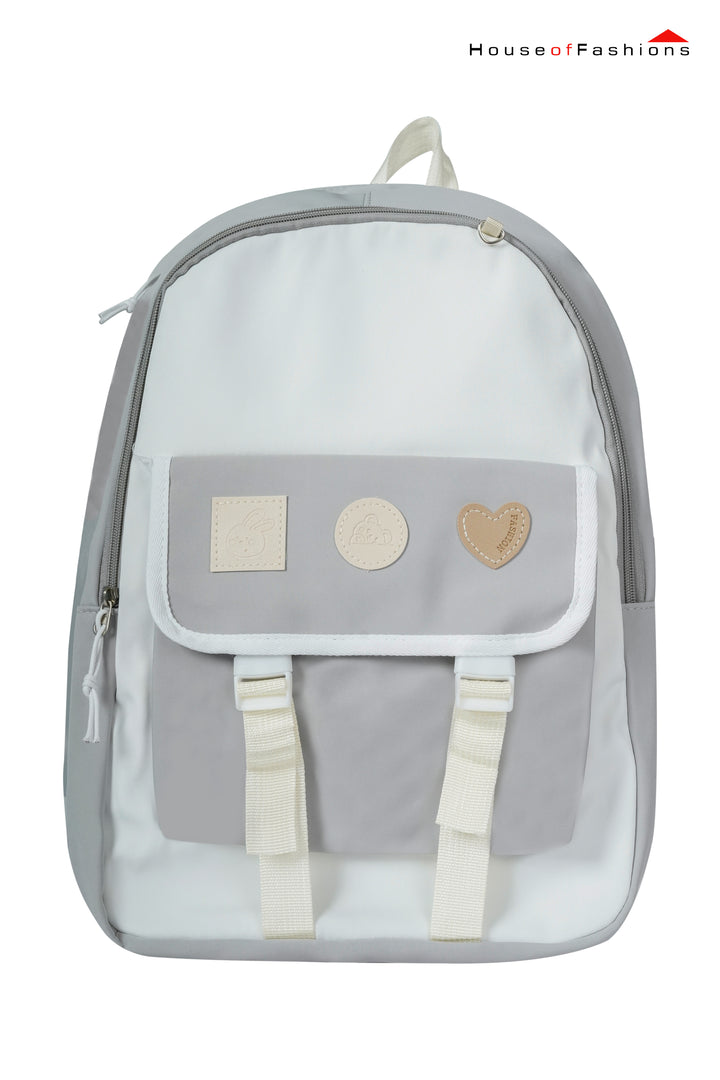 Grey & White Heart Patch School Backpack for Girls