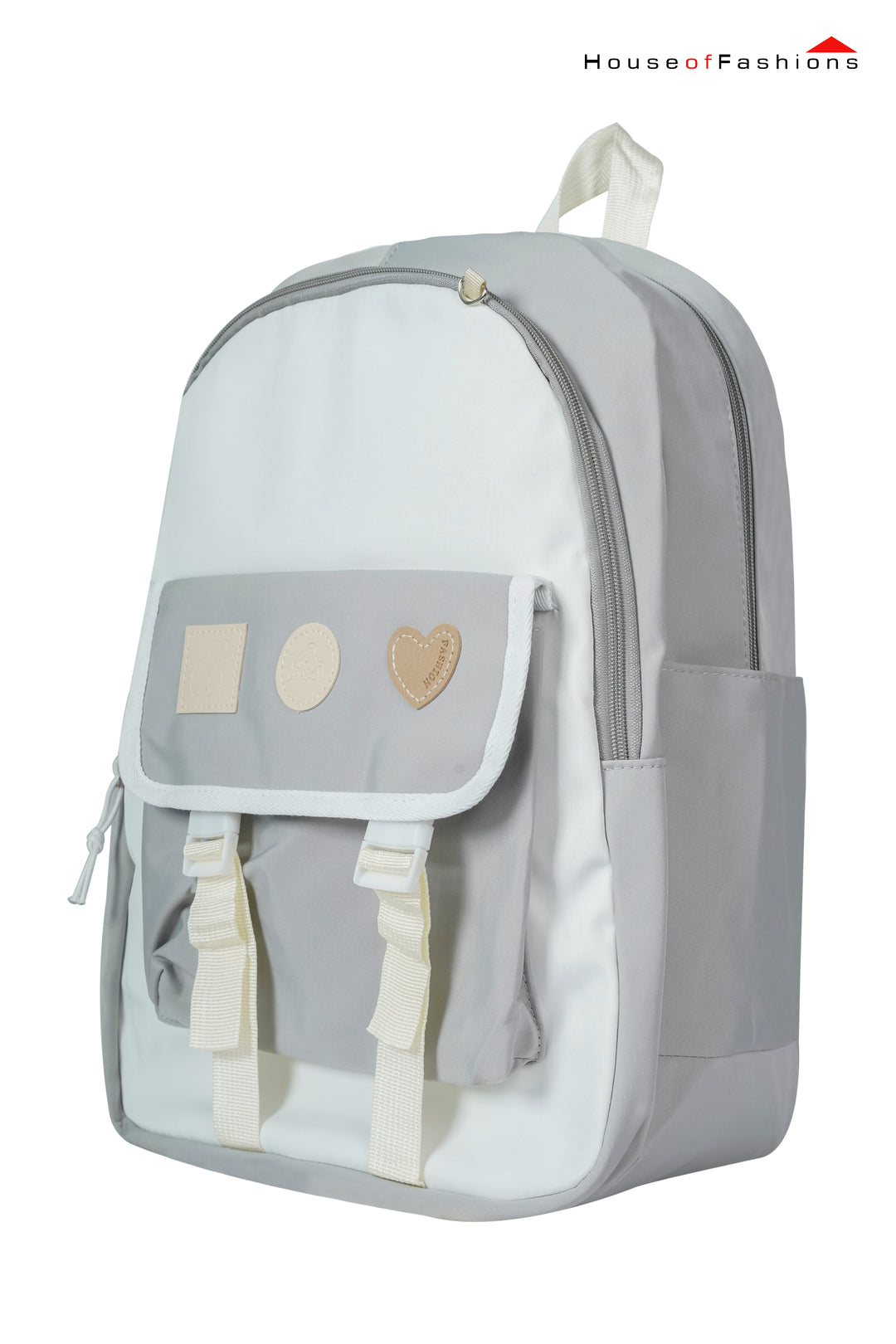 Grey & White Heart Patch School Backpack for Girls