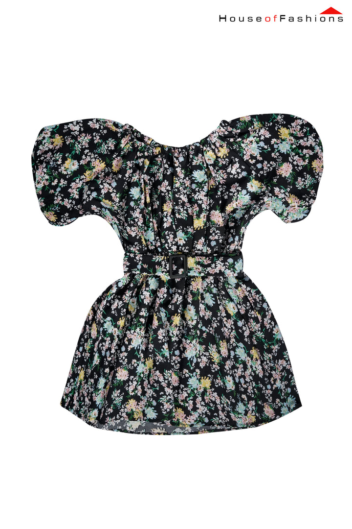 Midnight Petals – Puff Sleeve Belted Dress