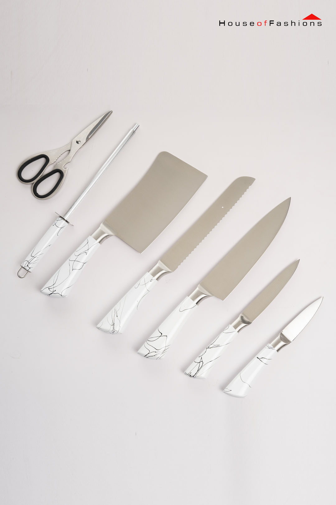 Knife Set, 8 Pcs White Kitchen Knife Set, Non Stick Coating Stainless Steel Knife Set with Block, Thick and Sharp Anti-Rust Chef Knife Block Set, Knife Set for Kitchen with Sharpener and Acrylic Block