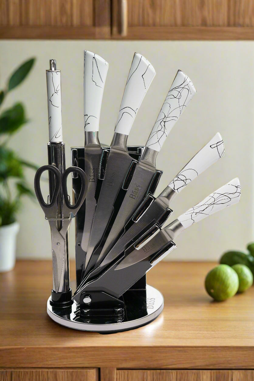 Knife Set, 8 Pcs White Kitchen Knife Set, Non Stick Coating Stainless Steel Knife Set with Block, Thick and Sharp Anti-Rust Chef Knife Block Set, Knife Set for Kitchen with Sharpener and Acrylic Block