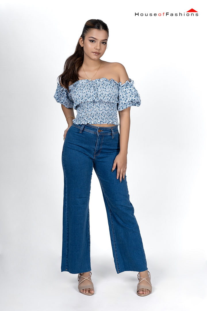 Printed Smocked Short Sleeve Crop Top