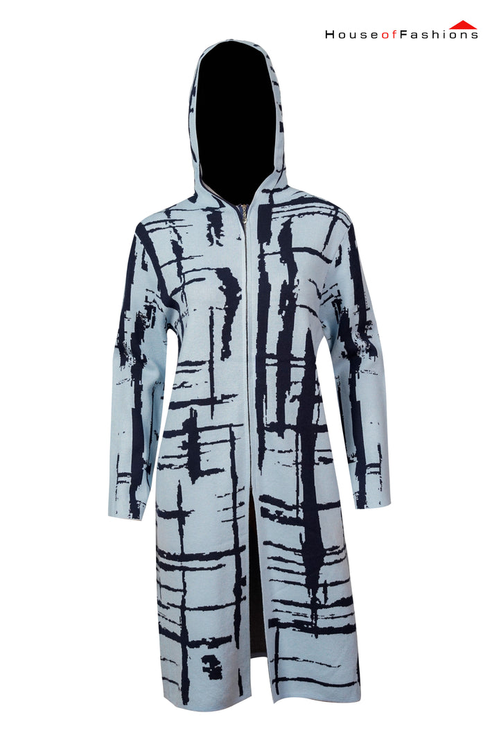 Abstract Grid Print Long Sleeve Hooded Sweater Dress