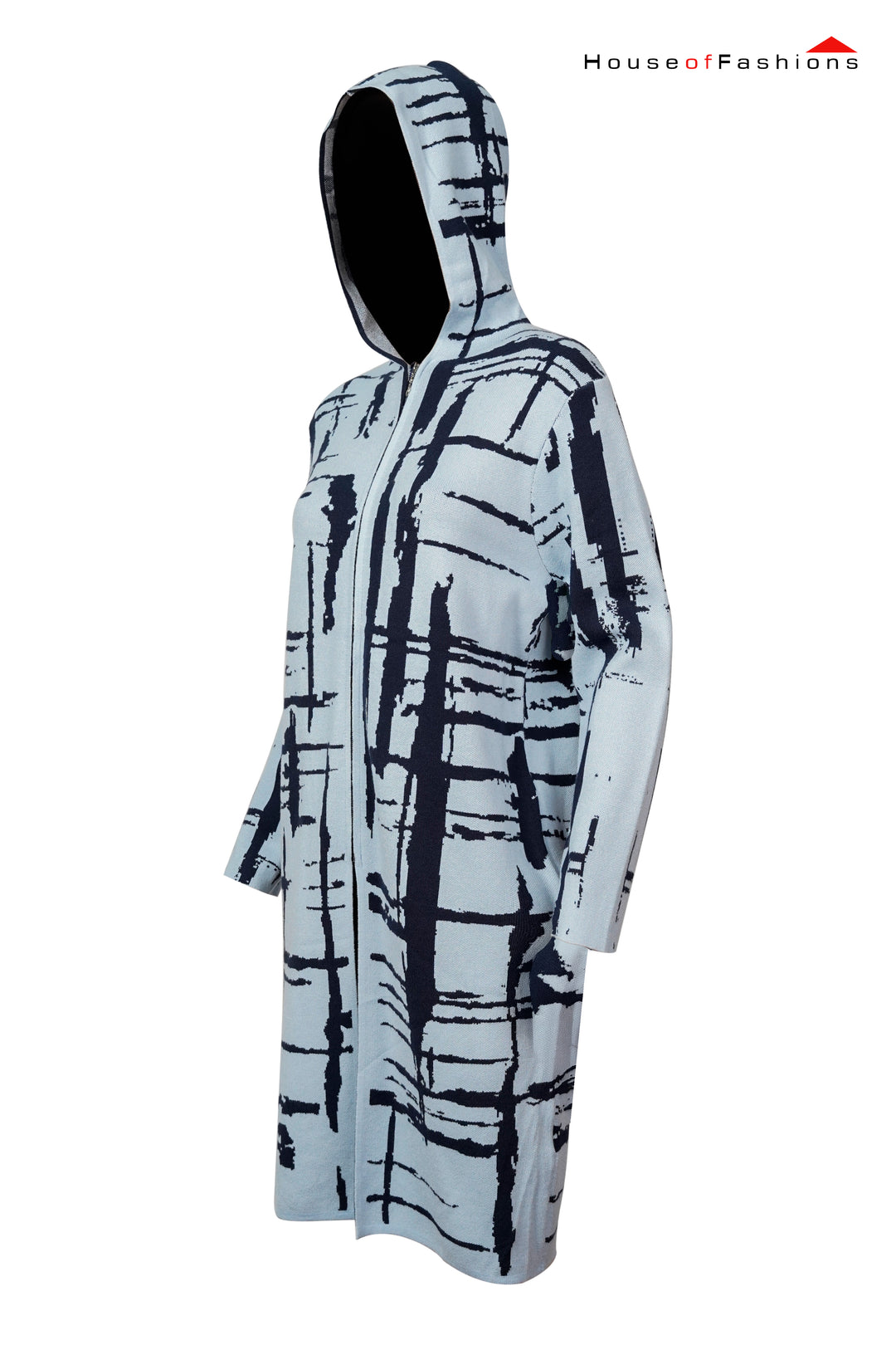 Abstract Grid Print Long Sleeve Hooded Sweater Dress