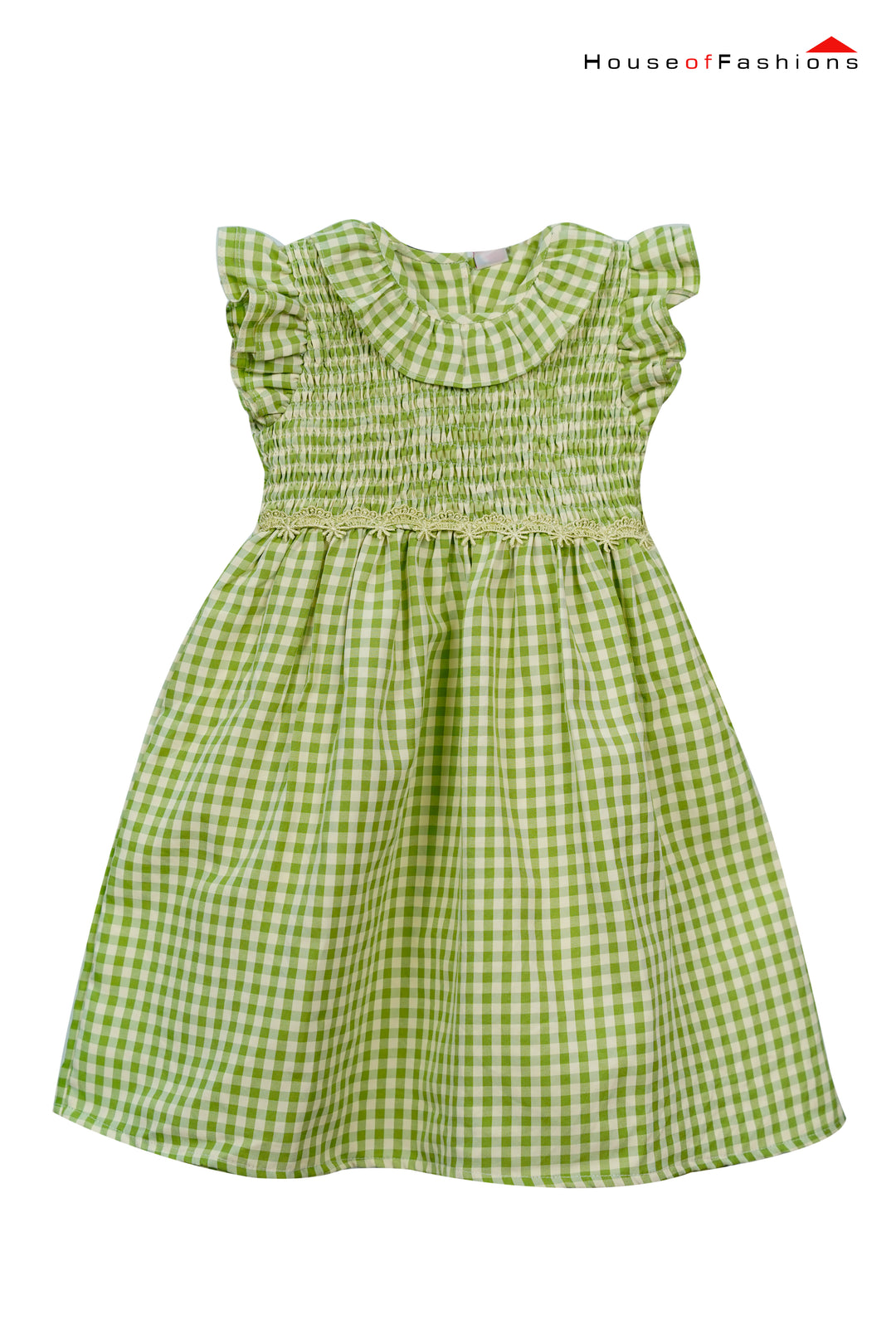 Green Gingham Flutter Sleeve Dress with Smocked Waist