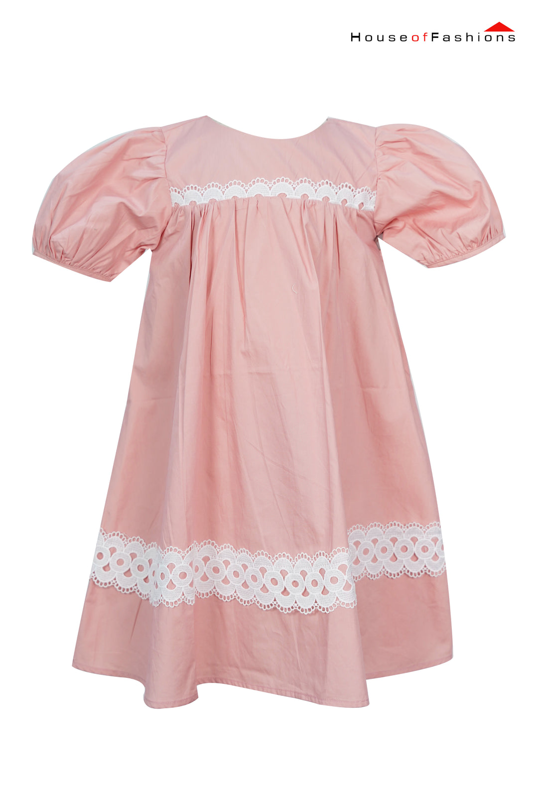 Blush Pink Puff Sleeve Dress with White Eyelet Lace