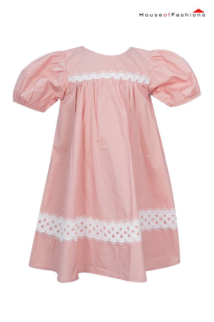 Blush Pink Puff Sleeve Dress with White Eyelet Lace