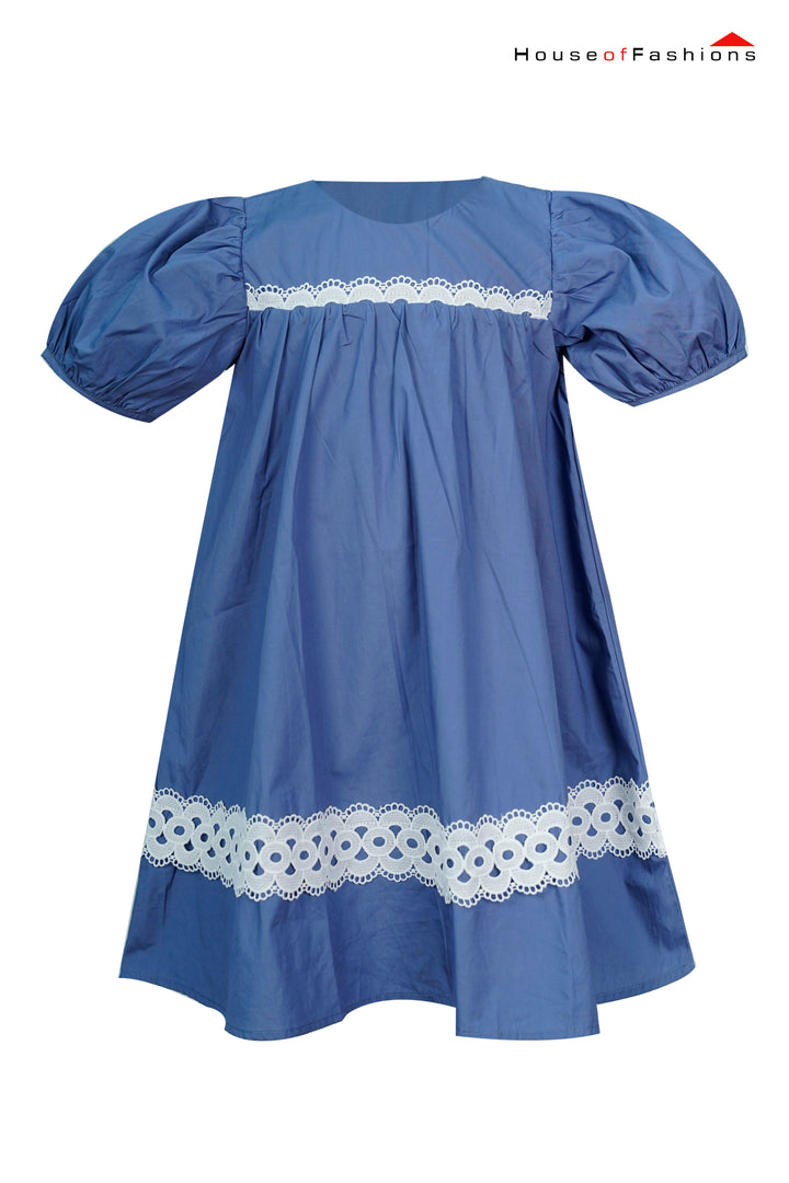 Blue Puff Sleeve Cotton Dress with White Lace Trim