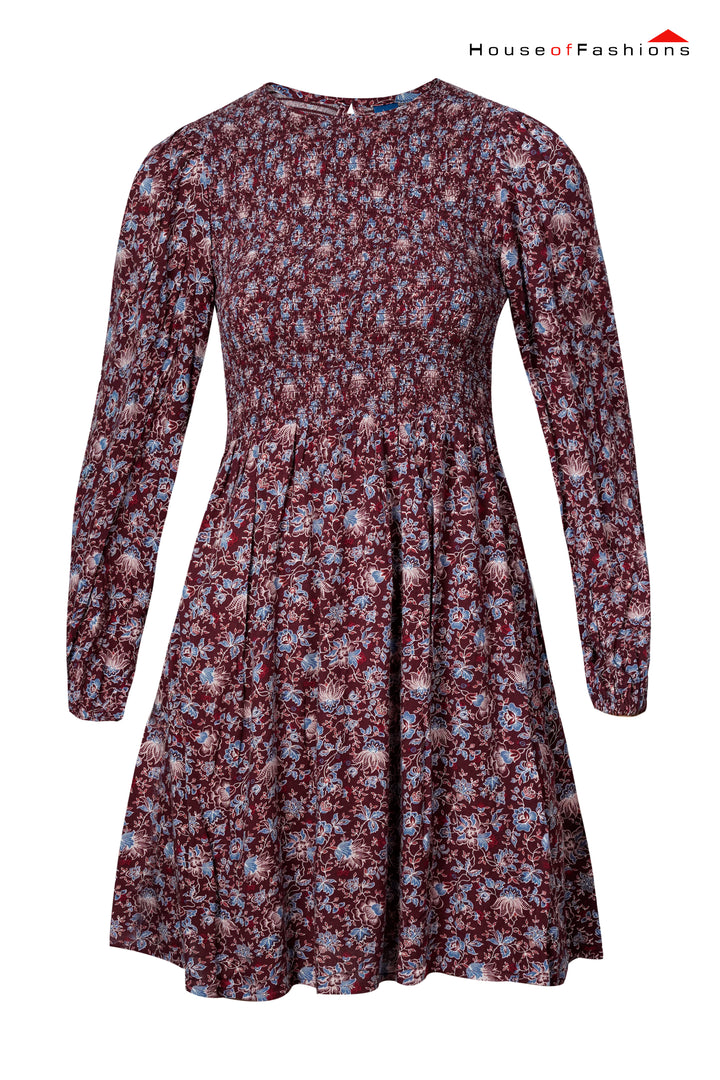 Burgundy Floral Smocked Waist Long Sleeve Mini Dress