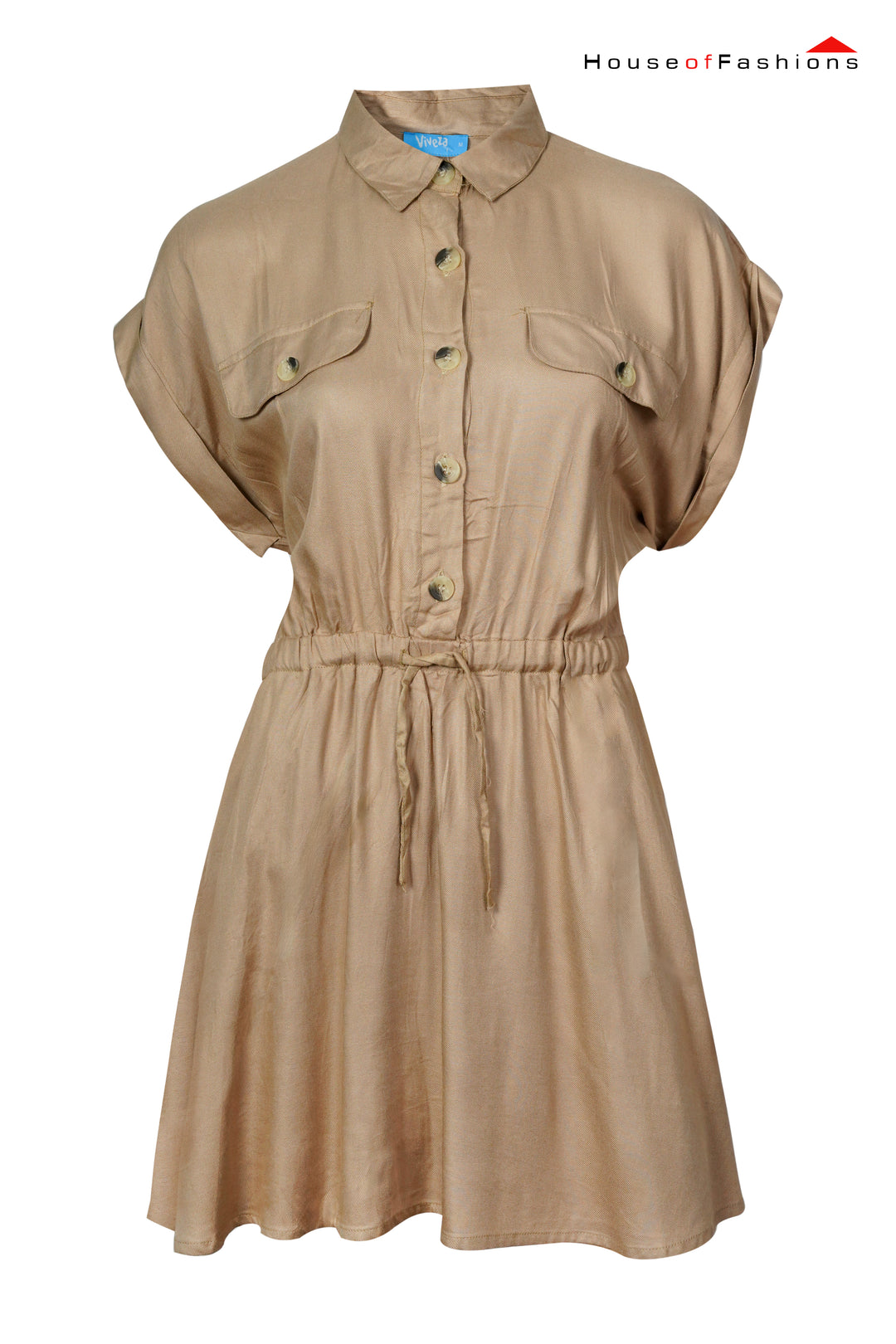 Beige Utility Button-Down Shirt Dress with Drawstring Waist