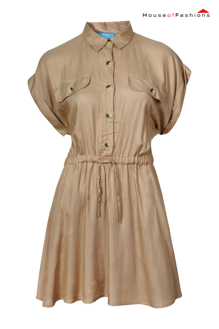 Beige Utility Button-Down Shirt Dress with Drawstring Waist