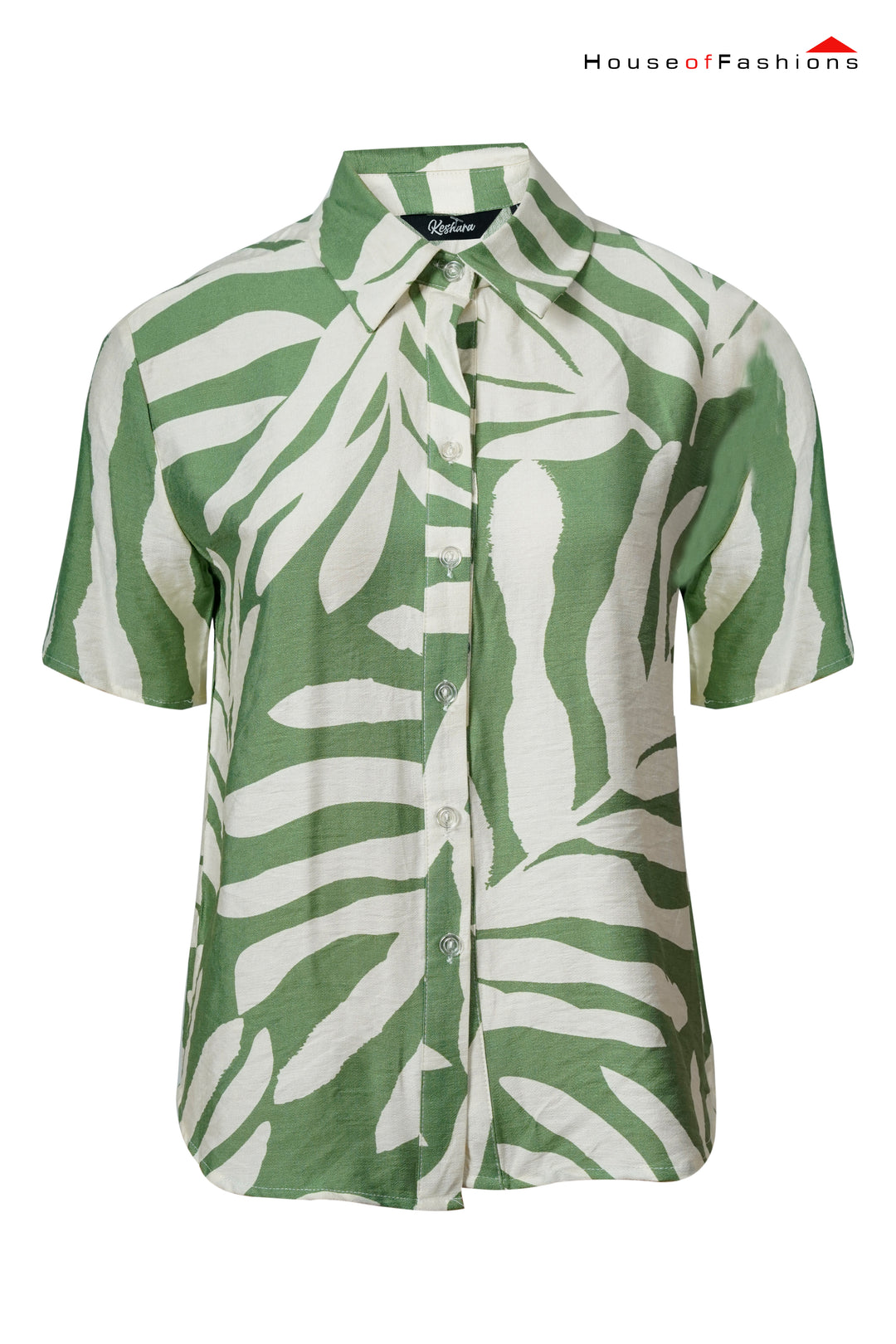 Green & White Leaf Print Short Sleeve Shirt