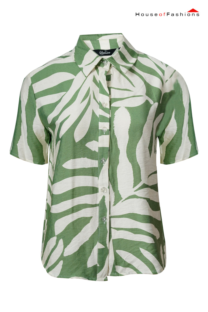 Green & White Leaf Print Short Sleeve Shirt