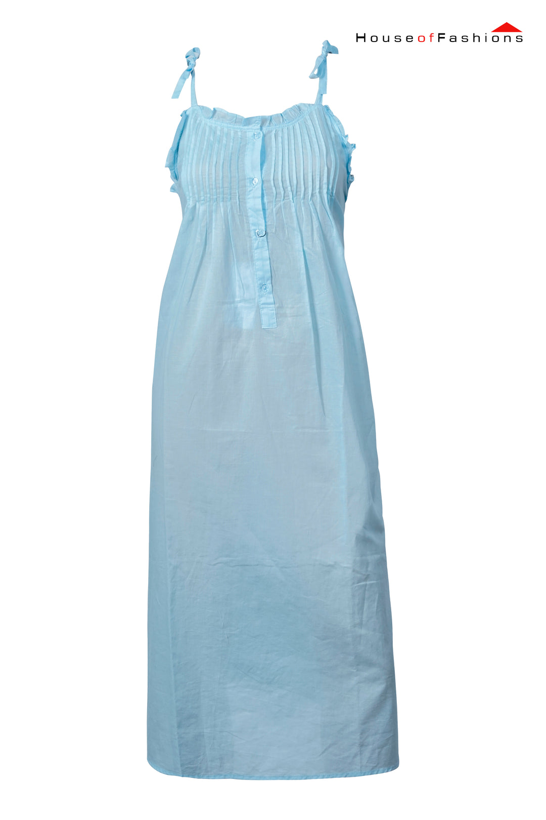 Light Blue Pleated Cotton Nightdress with Tie Straps