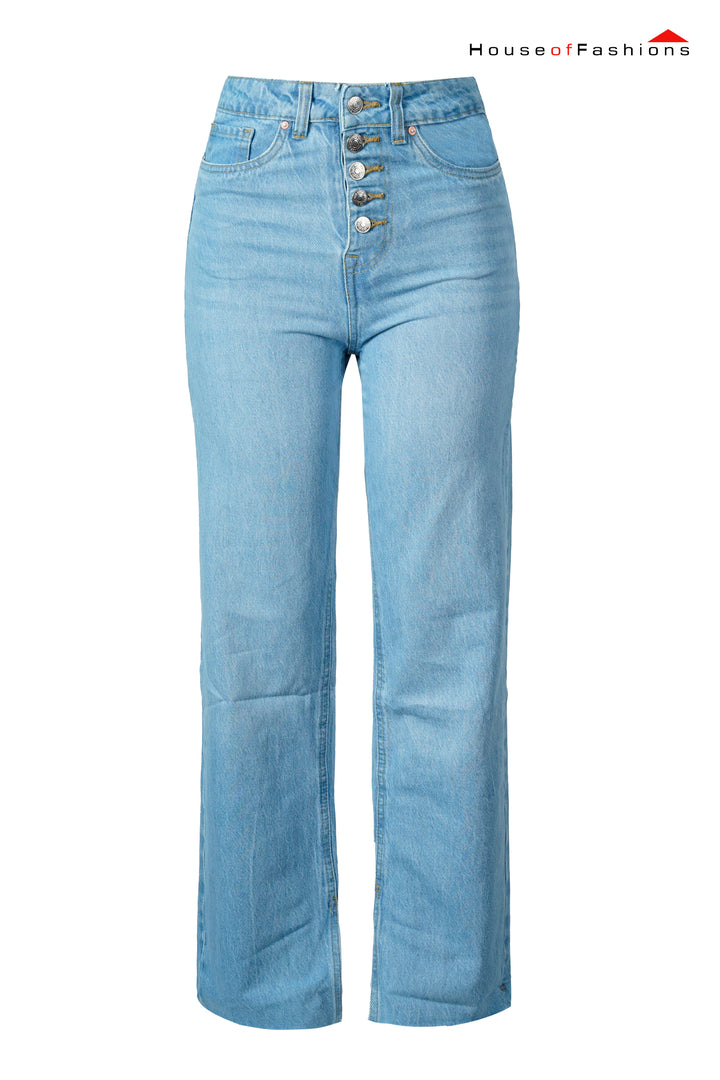 Light Blue High-Waist Button Fly Straight Jeans