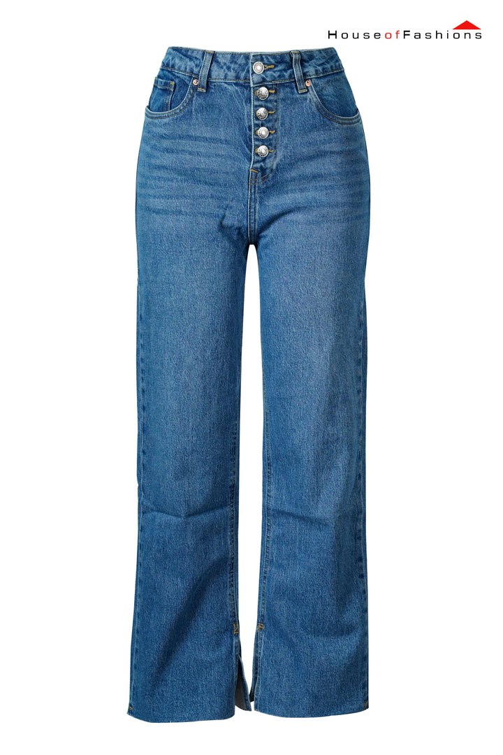 Medium Blue High-Waisted Jeans with Front Slit Hem